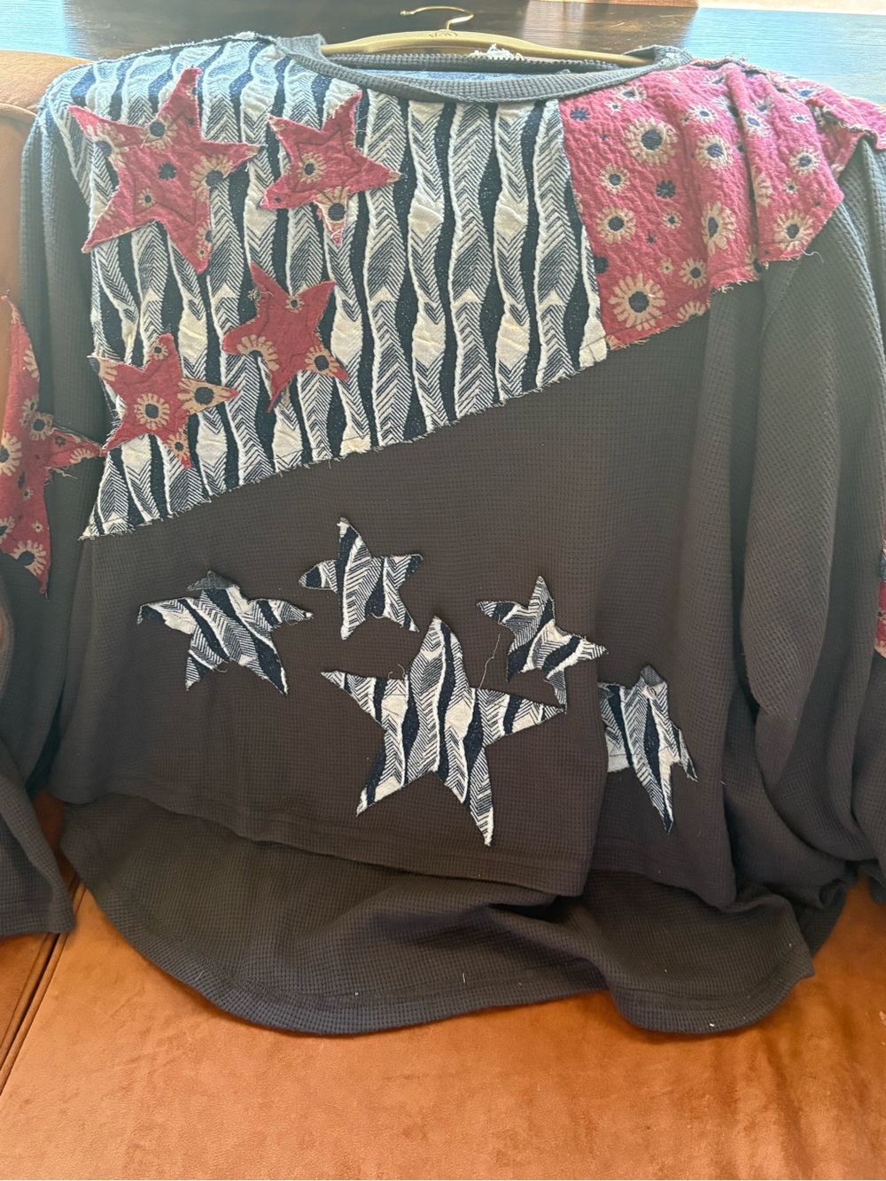 POL Patchwork Star Appliqué Sweatshirt in Gray, Red & Blue